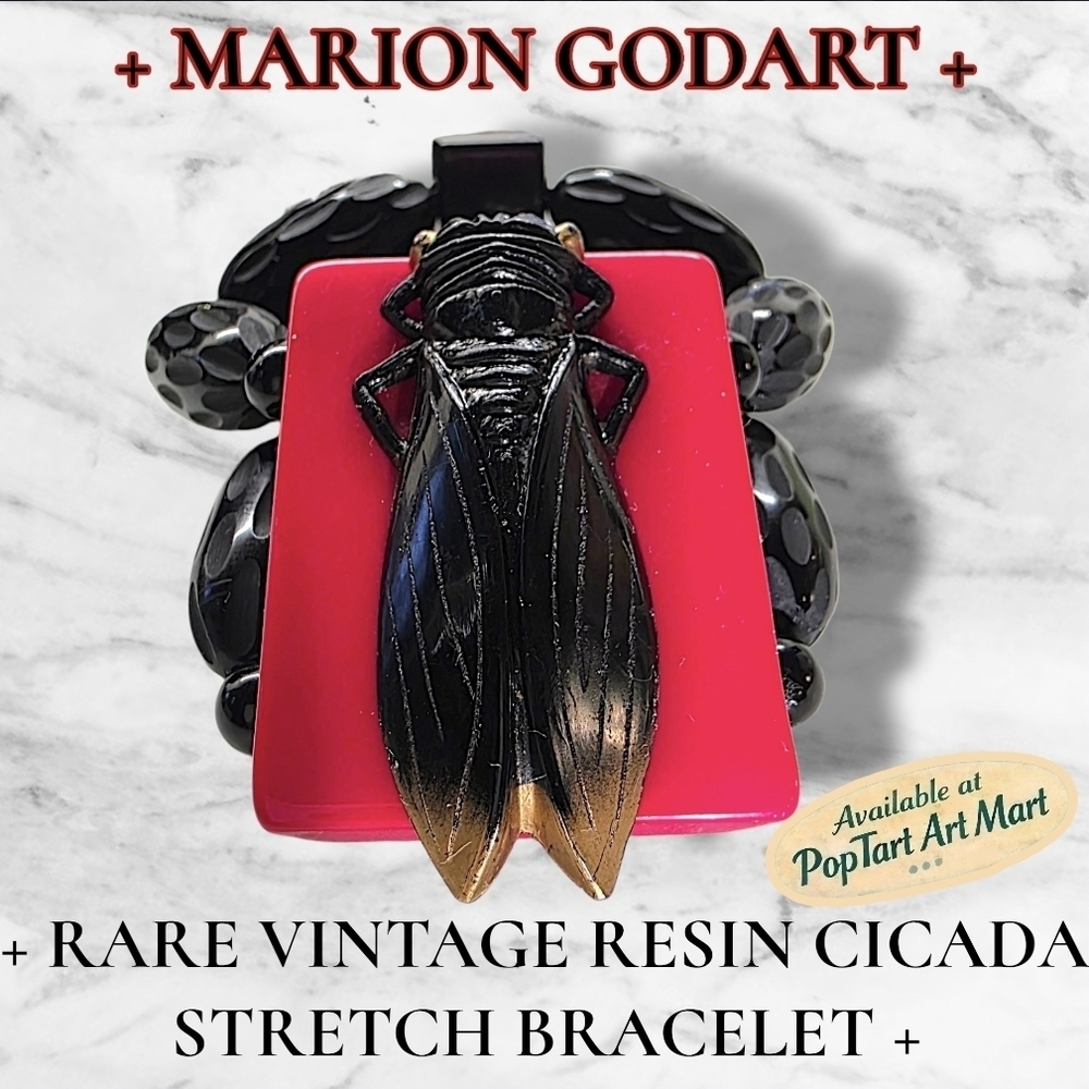 Rare Marion Godart Vintage Resin Cicada Stretch Bracelet Red French Bakelite
